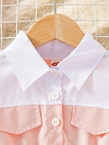 Young Girls' Fashionable Color Block Bubble Sleeve Dress With Cute Design
