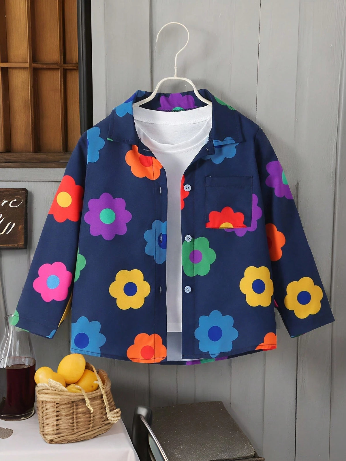Young Girls Fashionable Colorful Flower Sunflower Loose Cardigan Shirt Casual Holiday Vacation Outwear, Spring Autumn