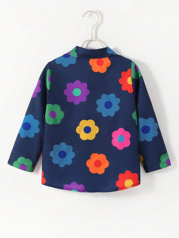 Young Girls Fashionable Colorful Flower Sunflower Loose Cardigan Shirt Casual Holiday Vacation Outwear, Spring Autumn