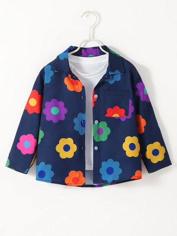 Young Girls Fashionable Colorful Flower Sunflower Loose Cardigan Shirt Casual Holiday Vacation Outwear, Spring Autumn