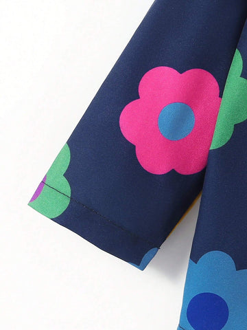 Young Girls Fashionable Colorful Flower Sunflower Loose Cardigan Shirt Casual Holiday Vacation Outwear, Spring Autumn