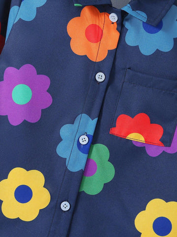 Young Girls Fashionable Colorful Flower Sunflower Loose Cardigan Shirt Casual Holiday Vacation Outwear, Spring Autumn