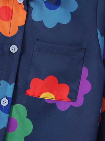 Young Girls Fashionable Colorful Flower Sunflower Loose Cardigan Shirt Casual Holiday Vacation Outwear, Spring Autumn