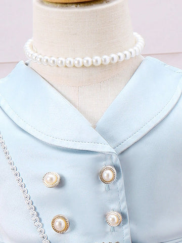 Young Girl's Fashionable Double-Breasted Short Sleeve Dress With Waist Belt And Crossbody Bag For Summer