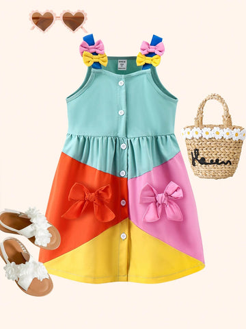 Young Girls' Fashionable Elegant Simple Color Blocking Bow Knot Decor Sweet Holiday Dress