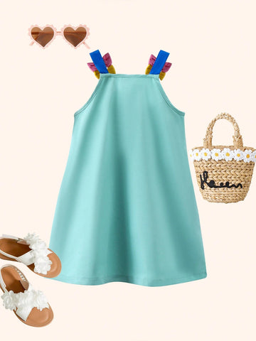 Young Girls' Fashionable Elegant Simple Color Blocking Bow Knot Decor Sweet Holiday Dress