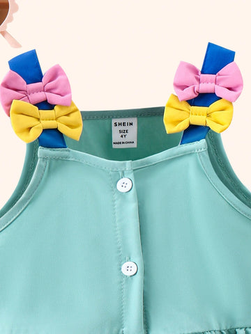 Young Girls' Fashionable Elegant Simple Color Blocking Bow Knot Decor Sweet Holiday Dress