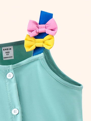 Young Girls' Fashionable Elegant Simple Color Blocking Bow Knot Decor Sweet Holiday Dress