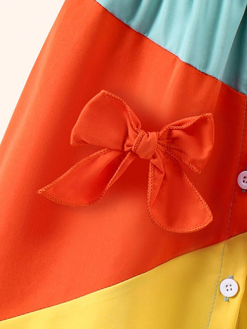 Young Girls' Fashionable Elegant Simple Color Blocking Bow Knot Decor Sweet Holiday Dress
