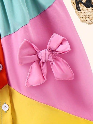 Young Girls' Fashionable Elegant Simple Color Blocking Bow Knot Decor Sweet Holiday Dress