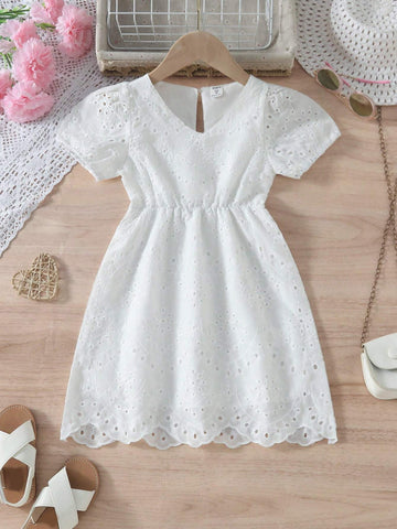 Young Girls' Fashionable Embroidered White V-Neck Cinching Waist White Dress