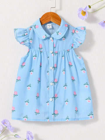 Young Girls' Fashionable Floral Pattern Cute Doll Collar Cap Sleeve Blouse For Summer