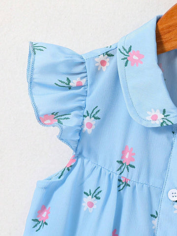 Young Girls' Fashionable Floral Pattern Cute Doll Collar Cap Sleeve Blouse For Summer