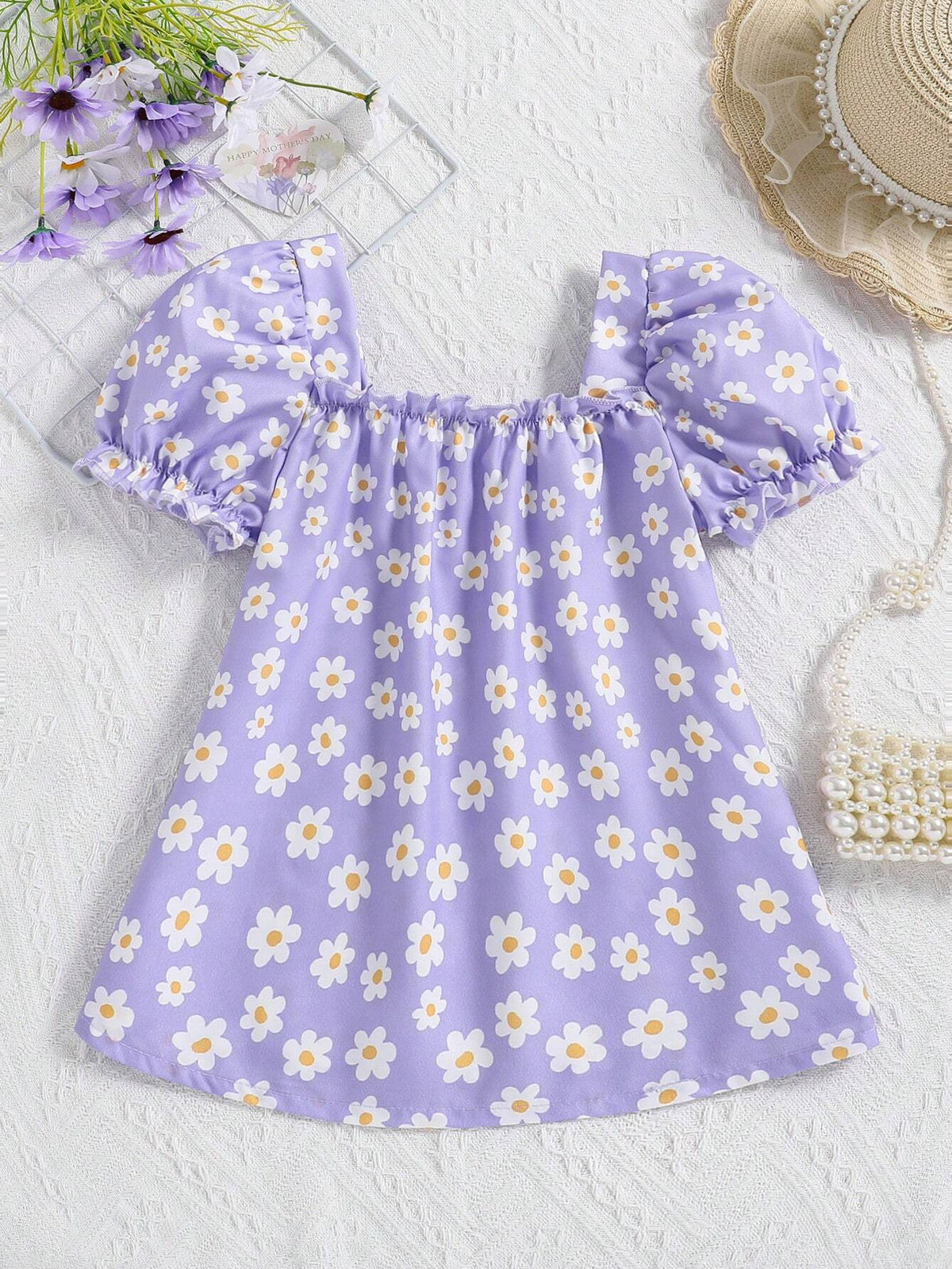 Young Girls' Fashionable Floral Print Square Neck Puff Sleeve Short-Sleeved Top For Summer Vacation