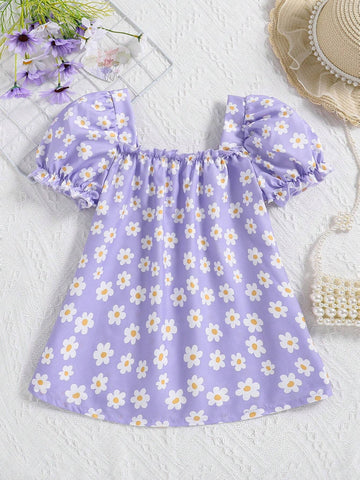 Young Girls' Fashionable Floral Print Square Neck Puff Sleeve Short-Sleeved Top For Summer Vacation