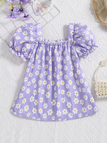 Young Girls' Fashionable Floral Print Square Neck Puff Sleeve Short-Sleeved Top For Summer Vacation