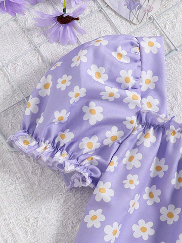 Young Girls' Fashionable Floral Print Square Neck Puff Sleeve Short-Sleeved Top For Summer Vacation