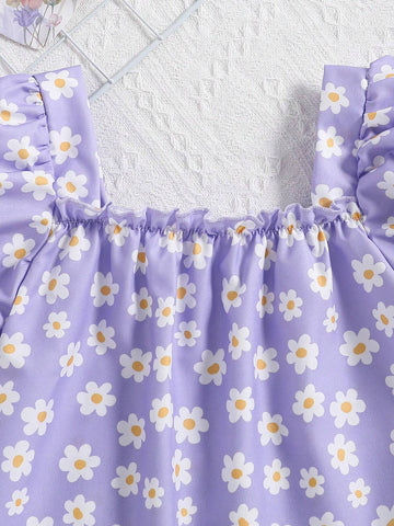 Young Girls' Fashionable Floral Print Square Neck Puff Sleeve Short-Sleeved Top For Summer Vacation