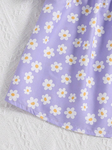 Young Girls' Fashionable Floral Print Square Neck Puff Sleeve Short-Sleeved Top For Summer Vacation