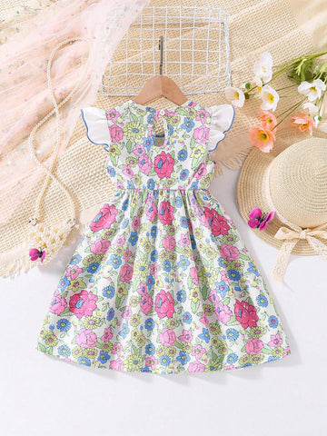 Young Girls" Fashionable Flower Pattern Lovely Bowknot Flutter Sleeve Dress For Summer Party Holidays
