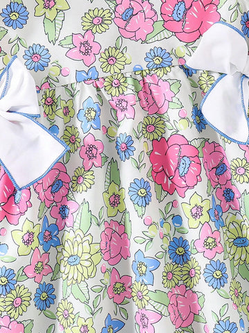 Young Girls" Fashionable Flower Pattern Lovely Bowknot Flutter Sleeve Dress For Summer Party Holidays