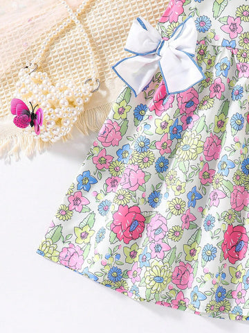 Young Girls" Fashionable Flower Pattern Lovely Bowknot Flutter Sleeve Dress For Summer Party Holidays