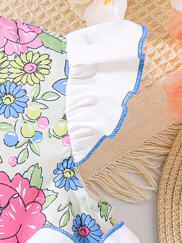 Young Girls" Fashionable Flower Pattern Lovely Bowknot Flutter Sleeve Dress For Summer Party Holidays