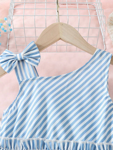 Young Girl's Fashionable Irregular Shoulder Stripe Dress