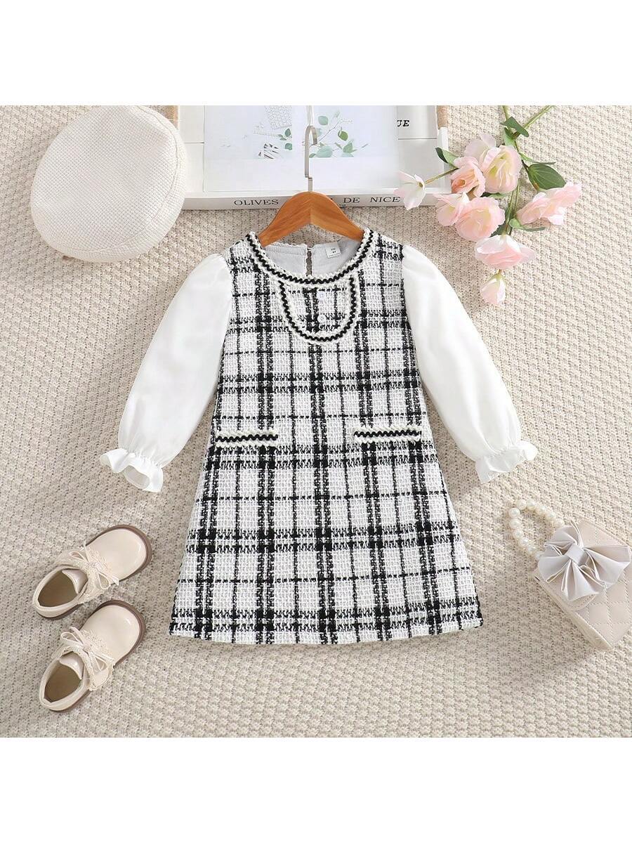 Young Girl's Fashionable, Mature And Elegant Patchwork Checked Dress For Spring
