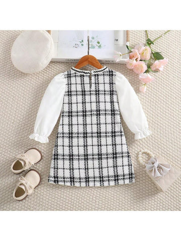 Young Girl's Fashionable, Mature And Elegant Patchwork Checked Dress For Spring