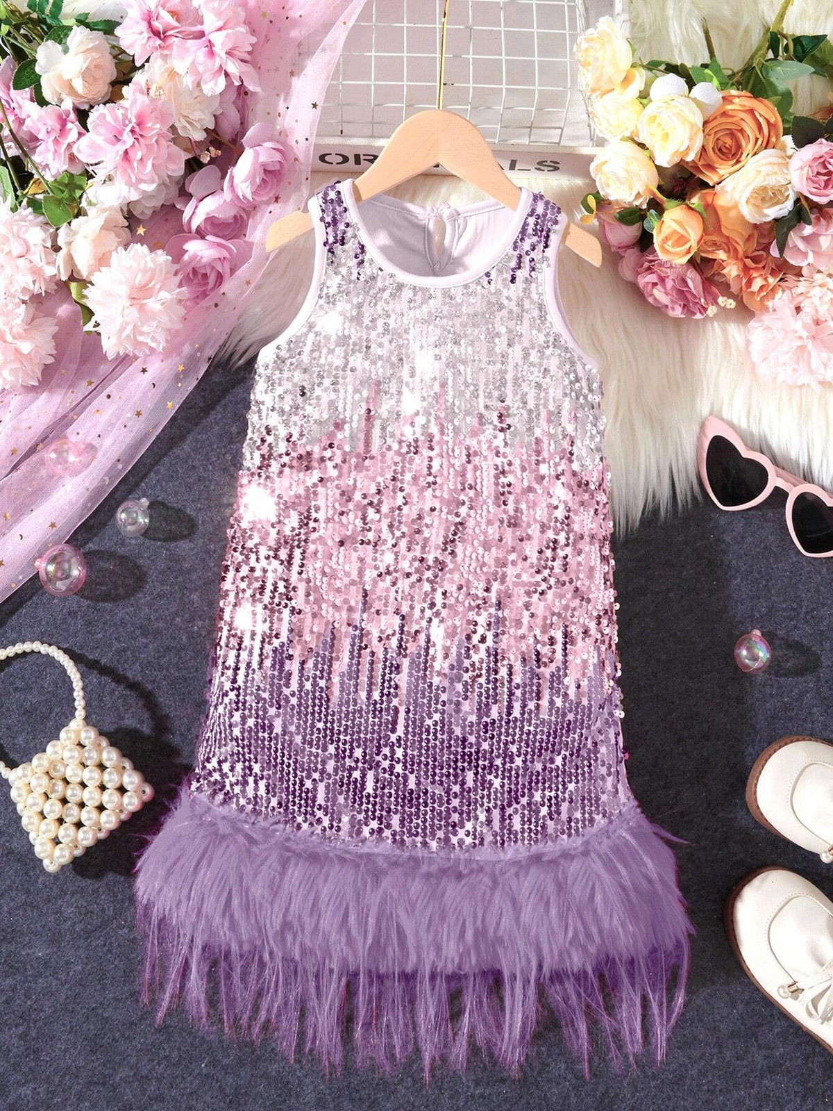 Young Girl's Fashionable Ombre Sequin Fluffy Hem Summer Dress