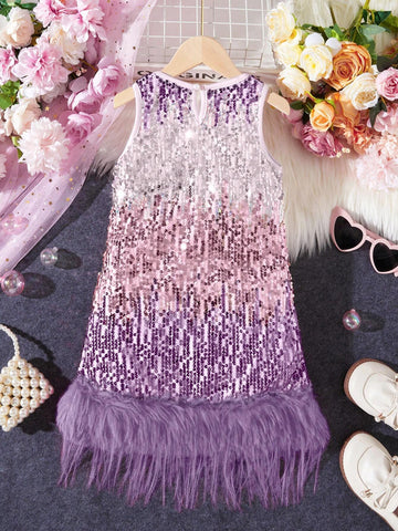 Young Girl's Fashionable Ombre Sequin Fluffy Hem Summer Dress