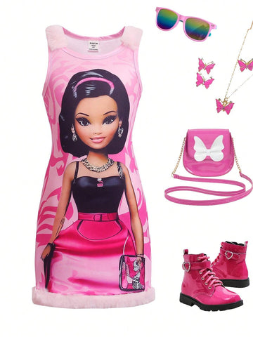 Young Girl's Fashionable Princess Print Sleeveless Dress