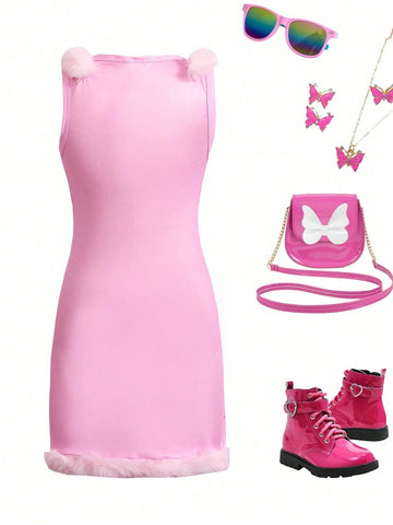 Young Girl's Fashionable Princess Print Sleeveless Dress