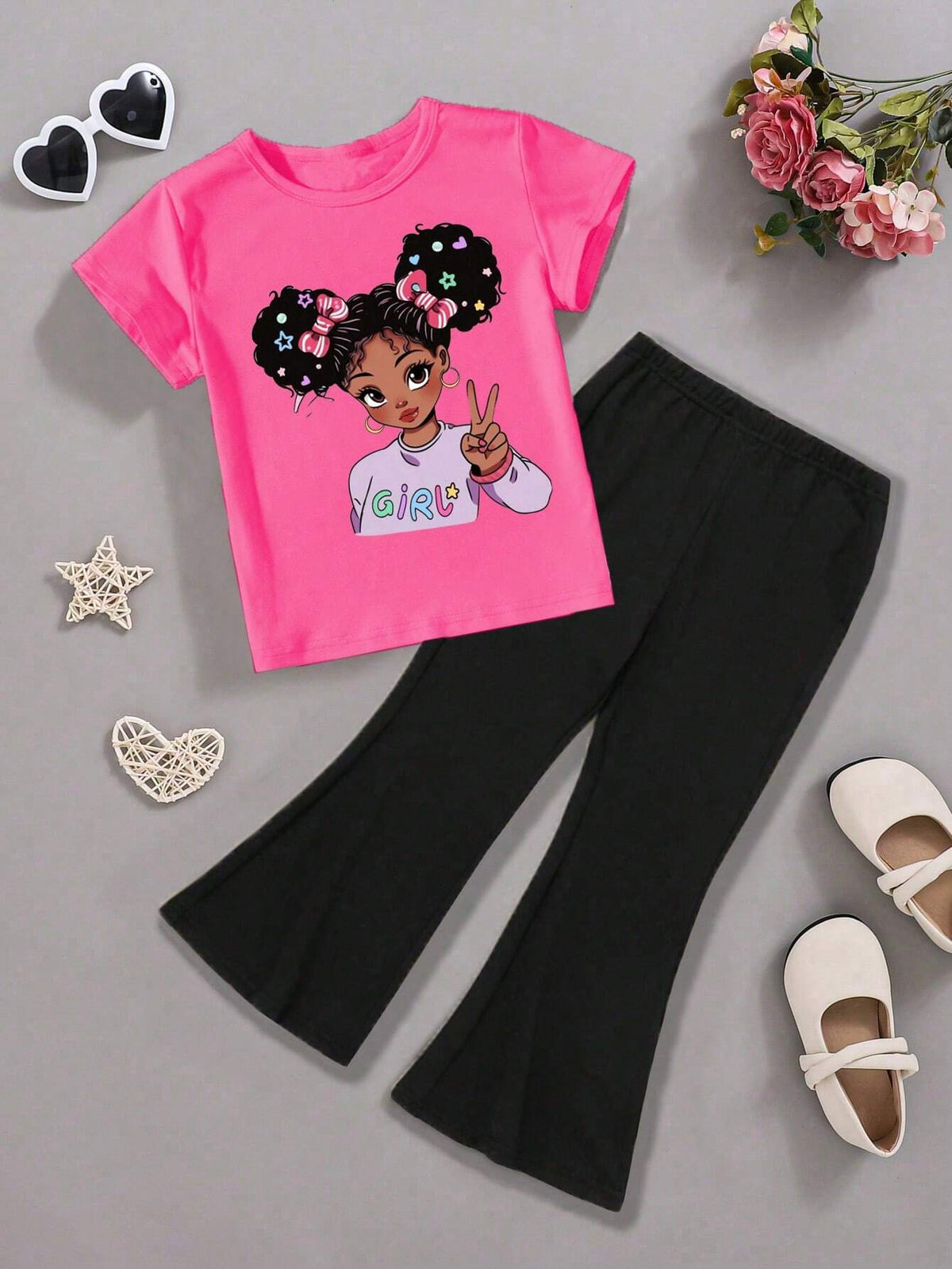 Young Girls' Fashionable Printed Short Sleeve T-Shirt And Long Pants 2pcs/Set