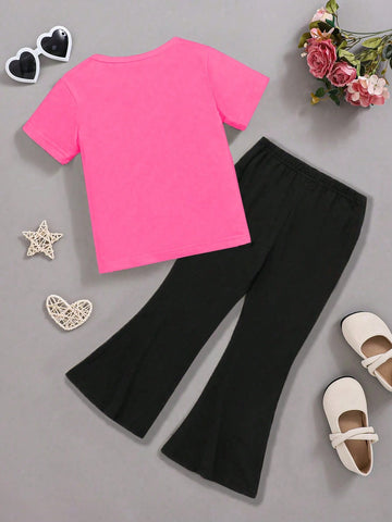 Young Girls' Fashionable Printed Short Sleeve T-Shirt And Long Pants 2pcs/Set