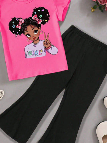 Young Girls' Fashionable Printed Short Sleeve T-Shirt And Long Pants 2pcs/Set