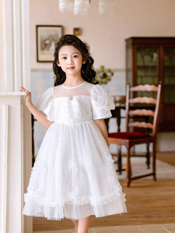 Young Girls' Fashionable Puff Dress, Korean Style Summer Dress For Toddler Young Girls, Skin-Friendly Princess Dress With Sleeveless Vest Design