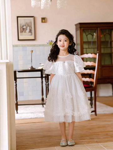 Young Girls' Fashionable Puff Dress, Korean Style Summer Dress For Toddler Young Girls, Skin-Friendly Princess Dress With Sleeveless Vest Design