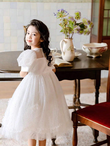 Young Girls' Fashionable Puff Dress, Korean Style Summer Dress For Toddler Young Girls, Skin-Friendly Princess Dress With Sleeveless Vest Design