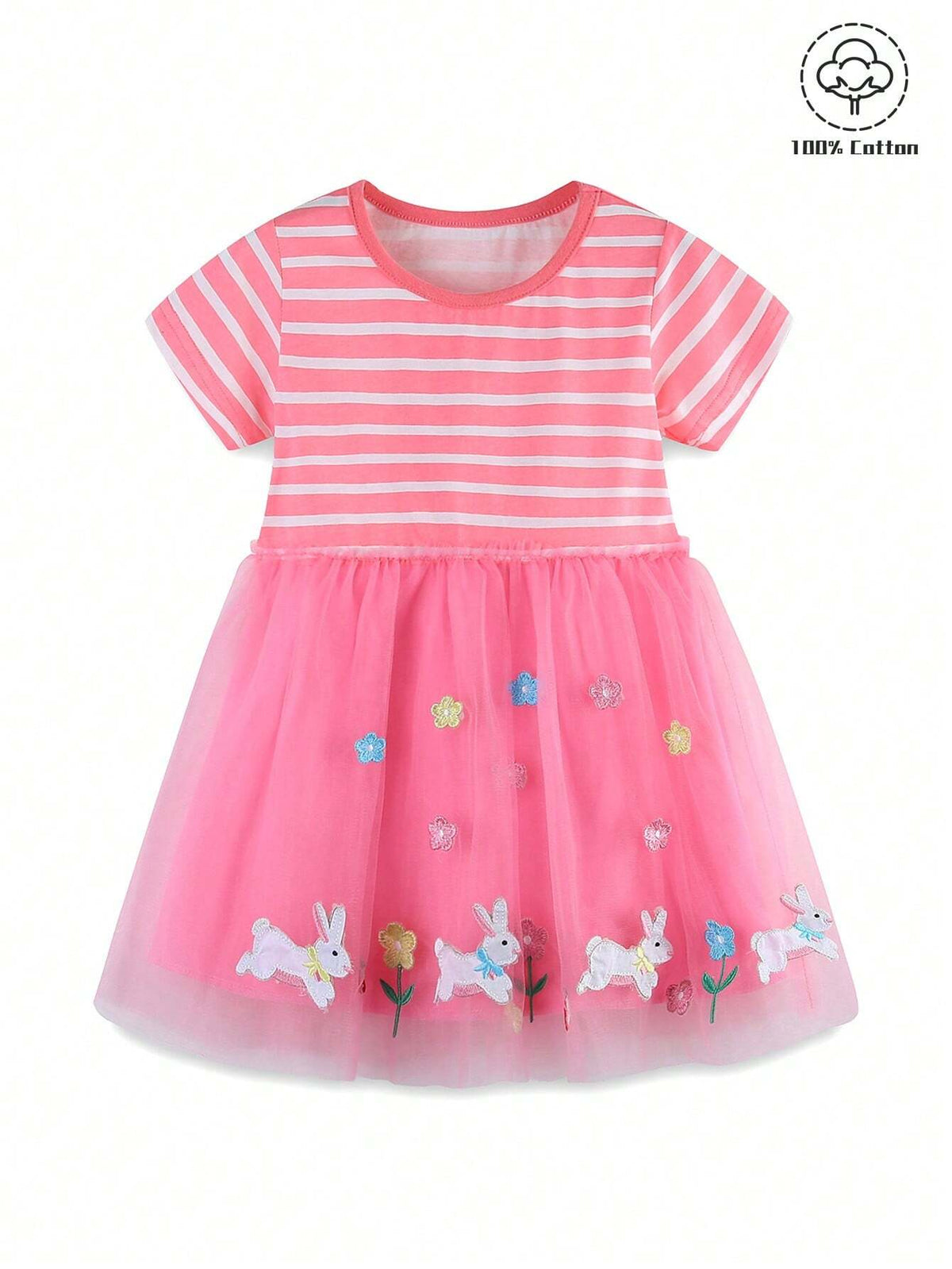 Young Girls' Fashionable Rabbit Embroidery Round Neck Short Sleeve Mesh Dress For Summer