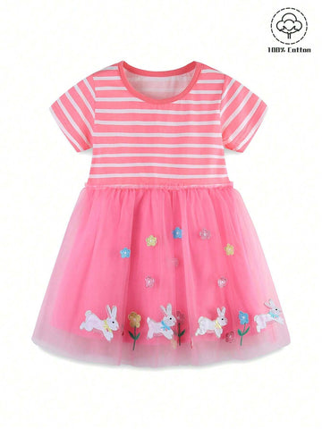 Young Girls' Fashionable Rabbit Embroidery Round Neck Short Sleeve Mesh Dress For Summer