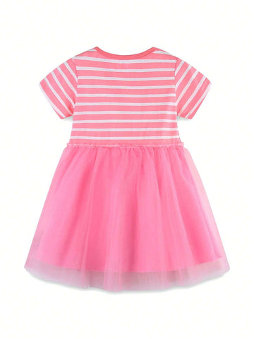 Young Girls' Fashionable Rabbit Embroidery Round Neck Short Sleeve Mesh Dress For Summer