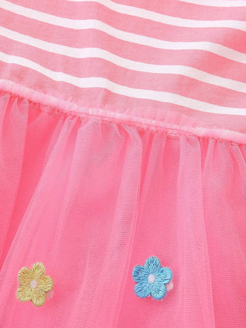 Young Girls' Fashionable Rabbit Embroidery Round Neck Short Sleeve Mesh Dress For Summer