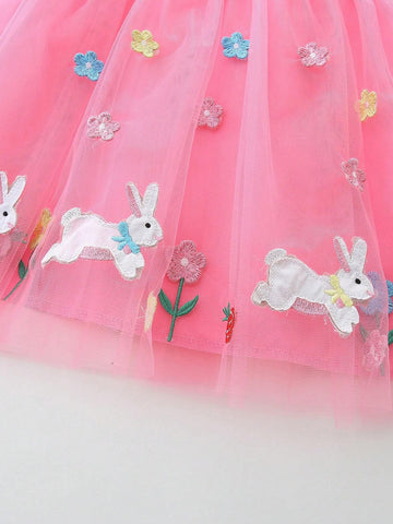 Young Girls' Fashionable Rabbit Embroidery Round Neck Short Sleeve Mesh Dress For Summer