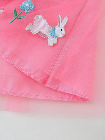Young Girls' Fashionable Rabbit Embroidery Round Neck Short Sleeve Mesh Dress For Summer