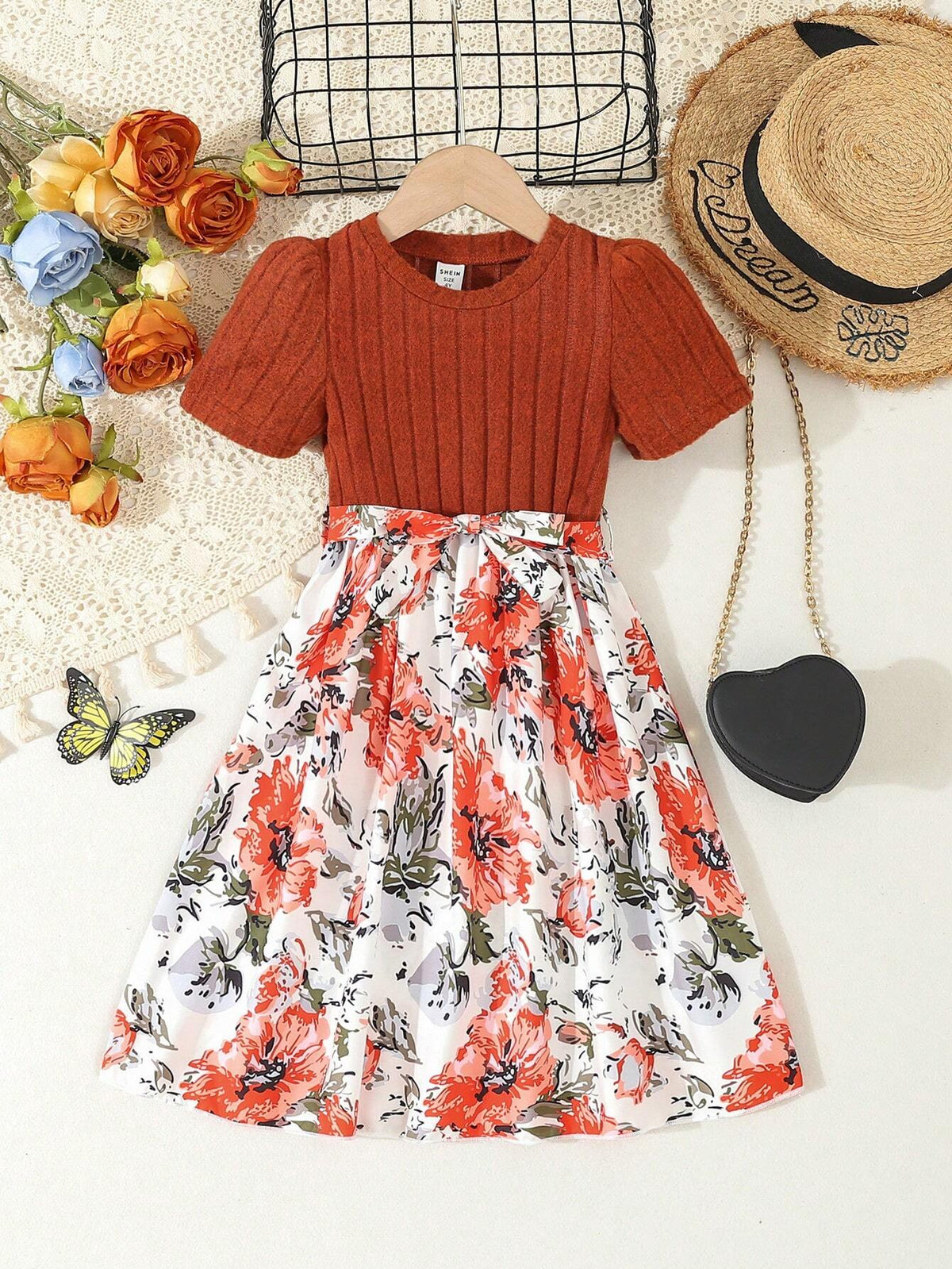 Young Girls Fashionable Ribbed Brown Top & Floral Dress