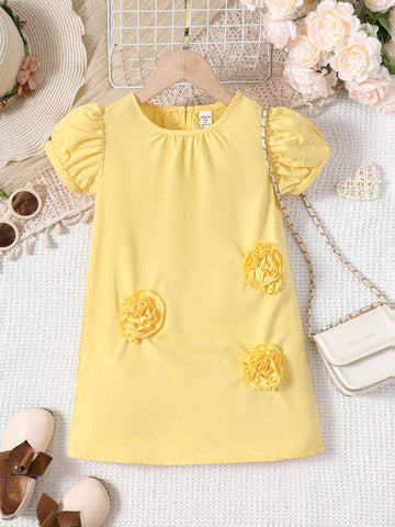 Young Girls" Fashionable Short Sleeve Dress With Flower Embellishment