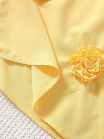 Young Girls" Fashionable Short Sleeve Dress With Flower Embellishment