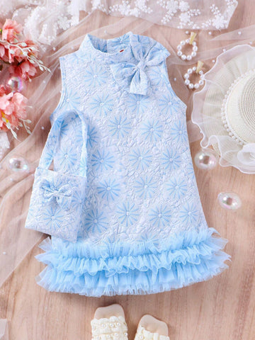 Young Girl's Fashionable Sleeveless Butterfly Knot Dress For Summer With Matching Butterfly Knot Handbag